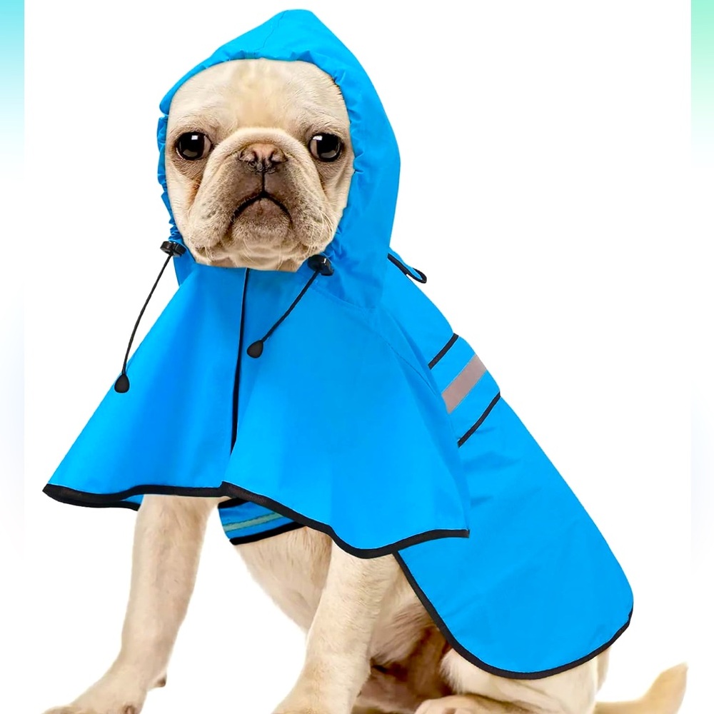 NWT Waterproof Hooded Reflective Adjustable Dog Rain Jacket Blue, Sz Medium